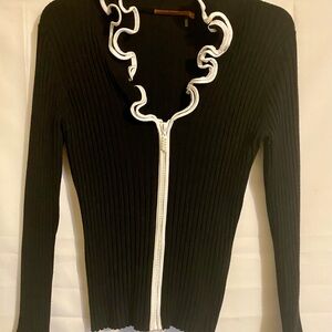 Belldini Women’s Black Cardigan with White Ruffle Trim Size Medium